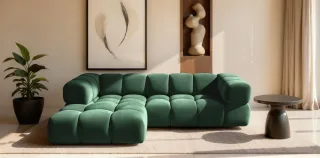 Ecksofa Designersofa BLANCHE in Stoff Bluvel Flaschengrün Ottomane Links