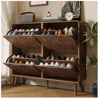 MODFU Schuhschrank Schuhschrank 105x90x24 cm mit Klapptüren und 2 Ebenen, Nussbaum (Packung, 1-St., Moderner skandinavischer Stil, 4 Flügeltüren) Doppelstöckiges Design mit Platz für 18–24 Paar Schuhe.
