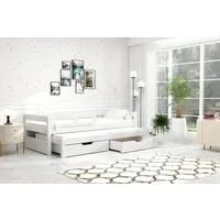 thematys Kinderbett mit Rausfallschutz und Ausziehbett und 2 Schubladen für Kinder (in 90x180cm + INKLUSIVE 2 MATRATZEN, für Jungen und Mädchen, mit abnehmbaren Rausfallschutz), Kinderbett aus Kiefernholz
