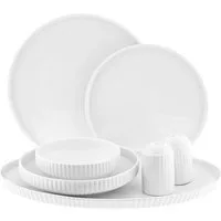 Almina Tafelservice Borneo im Relief-Design - 27-teiliges Set aus Porzellan in Weiß (27-tlg), 6 Personen, Porzellan, 27 Teile, für 6 Personen