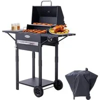 HOMAVO Holzkohlegrill mit Deckel, 2 Seitentische, Grillfläche: 45×32cm, höhenverstellbarer Grillrost mit 2 Stufen, optional mit Abdeckung