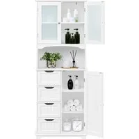 Yaheetech Hochschrank Badkommode Badschrank mit Glastüren & 4 Schubladen Badezimmerschrank Küchenschrank, Einlegeböden verstellbar