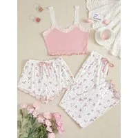 Elegant Love Schlafanzug Bequemes Damen-Set – Pyjama & Loungewear mit Blumendesign (Set, 3 tlg., Träger-Top + Hose + Shorts) Lässiges Nachtwäsche-Set – Stilvoller Hausanzug mit Muster