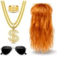 Kostümheld® Kostüm 4 in 1 Vokuhila Set mit Ring, Perücke, Goldkette, Brille - Fasching, unisex