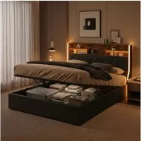 PXloue Polsterbett Stauraumbett Geeignet für kleine Wohnungen (Kopfteil mit 2 USB-Anschlüsse und 1 Typ-C-Ladeport), Hydraulisches Doppelbett, mit LED-Leisten, PU, 160x200