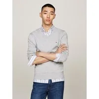 Tommy Hilfiger Strickpullover ESSENTIAL COTTON V NECK mit V-Ausschnitt und Stickerei unifarben, casual, regular fit, Baumwolle, V-Ausschnitt