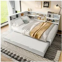 Flieks Daybett, Holzbett 140x200cm mit Ausziehbett 90x190cm, Ladefunktion und Stauraum