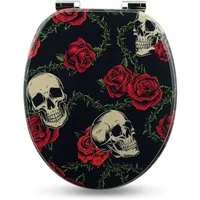 Sanfino WC-Sitz "Rose Skull" Premium Toilettendeckel mit Absenkautomatik aus Holz, mit schönem Totenkopf-Motiv, hohem Sitzkomfort, einfache Montage