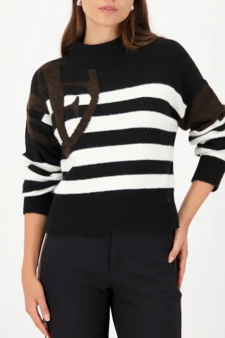 monari - Strickpullover mit Emblem schwarz ringel - Gr. - 46