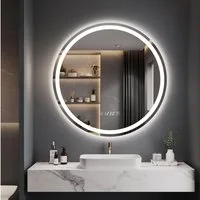 Dripex Badspiegel Rund Badezimmerspiegel LED mit UHR / Bluetooth-Lautsprecher, Dimmbar, 3 Lichtfarbe Einstellbar, Beschlagfrei