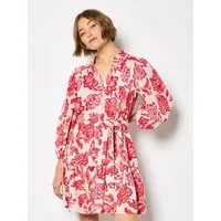 Apricot Minikleid Malerisches Sarasa-Minikleid mit Blumenmuster (mit Gürtel) mit Gürtel