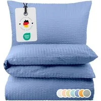 Carpe Sonno Bettwäsche Seersucker 135x200 155x220 Bügelfrei Sommer Bettbezug 100% Baumwolle, Seersucker, 2 teilig, Hochwertig Leichte Bettwaren Bügelfrei Reißverschluss Blau 155 x 220