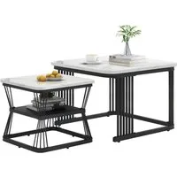 Merax Couchtisch im Marmoroptik mit Metallrahmen (2er Set), hochglanz Beistelltisch mit Einlegeboden, Satztisch, Wohnzimmertisch