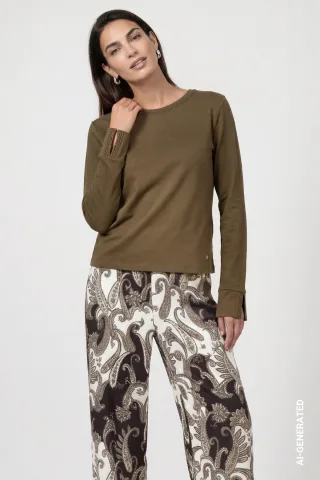 monari - Langarmshirt mit Strassdetails olive - Gr. - 38