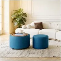 i@home Sitzhocker Nesting-Hocker aus Leinen mit Stauraum (Runder Fußhocker Holzablage & 4-in-1-Funktion), Wohnzimmer-Sitzhocker, Couchtisch, Aufbewahrung