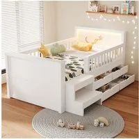 Flieks Kinderbett, Holzbett 90×200cm mit 4 Schubladen, Treppe, LED-Beleuchtung