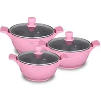 Cheffinger Topf-Set Kochtopf Kasserolle Topf Set 6-tlg mit Glasdeckel Cheffinger pink, Material: Aluminium, Stahl, Glas
