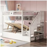 Merax Etagenbett mit hydraulischem Unterbett (1-St., Stockbett Jugendbett Doppelbett Hochbett aus Massivholz), Kinderbett 140x200cm mit Stauraumtreppe, Regalen & Sicherheitsgeländer