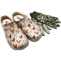 Steinnacher Bärbel Damen Gartenclogs mit Hühnermotiv und passenden Handschuhen Clog
