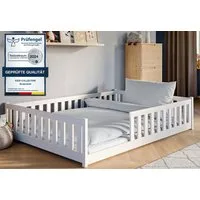 Kids Collective Kinderbett Bodenbett Bett mit Rausfallschutz & Lattenrost Montessori Bett Kinder (weitere Größen 80x160, 90x200, 120x200 cm), Gitterbett Jugendbett weiß Holz massiv Junge Mädchen 140x200cm