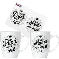 BRUBAKER Tasse 2er-Set Kaffeetassen Beste Mama und Bester Papa, 4-tlg., Keramik, 2x Kaffeebecher in Geschenkpackung mit Grußkarte - für Eltern