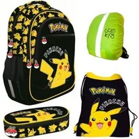 GOLDKIDS Schulranzen für Jungen und Mädchen, 4er-Set - (Schul-Rucksack für Kinder mit, 1-tlg., Schlampermäppchen - Schuhbeutel und Regenschutz), - Pokemon Motiv - 1-3 Klasse