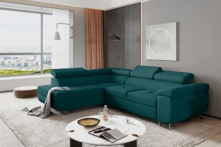 Ecksofa Sofa JADE Stoff Matt Velvet Türkis mit Schlaffunktion Ottomane Links