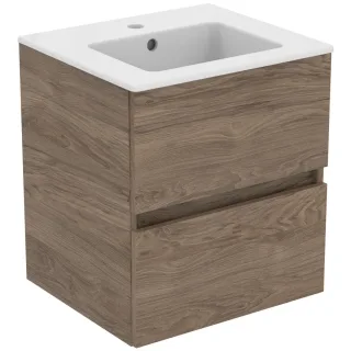 Ideal Standard Möbelpaket Eurovit+ m.WT 51cm Weiss u.Schrank 50cm 2 Ausz. Nussbaum geflammt, R0571Y9 R0571Y9