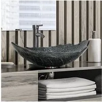 Puluomis Aufsatzwaschbecken Waschbecken Set mit Wasserhahn und Ablaufgarnitur Oval Schwarz Silbern, Handgezeichnet Waschschale, Waschplätze für Badezimmer Küche WC