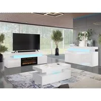 MIRJAN24 Wohnzimmer-Set Glossa II, (3er-Set, Kommode, TV-Lowboard mit Kamin, Couchtisch), mit blauer LED-Beleuchtung