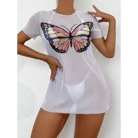 Elegant Love Strandshirt Schmetterlingsdruck Strandkleid – Dehnbares Mesh-Cover-Up für Damen Transparantes Mesh-Shirt – Kurzarm, ideal als Strandkleid & Überwurf