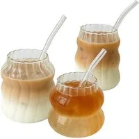 LA CUTE Glas Vintage Glasbecher Set 3 Größen 410–650 ml Strohhalmen Borosilikatglas, 6-tlg., Hitzebeständig, leicht, transparent, inklusive passender Strohhalme