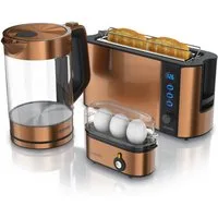 Arendo Frühstücks-Set (3-tlg), Wasserkocher 1,7l / 2-Scheiben Toaster / Eierkocher, Edelstahl, Kupfer