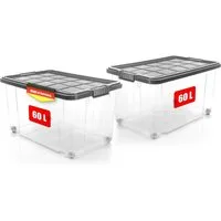 BigDean Aufbewahrungsbox 60 L mit Deckel groß – robuste Stapelbox rollbar mit Klickverschlüssen (Set, 2 St., Aufbewahrungsbox + Deckel + Rollen), Sicher Stapelbar, Platzsparend, Transparent, Rollen, Klickverschlüsse