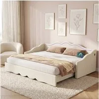 Odikalo Schlafsofa Schlafcouch 90x200 mit LED und USB-Anschluss, Polsterbett, Tagesbett, ausziehbar auf 180 cm, Beige Samt