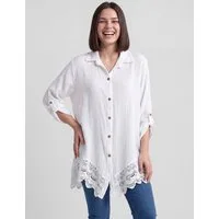 PEKIVESSA Longbluse Oversized Musselin Longbluse mit Häkelspitze am Saum