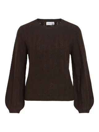 VILA - VILIGA POINTELLE L/S O-NECK TOP -NOOS Coffee Bean - Gr. - M