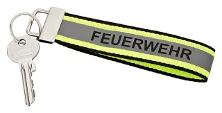 Schlüsselanhänger | PACO | FEUERWEHR in gelb-silber-gelb Optik | mit reflektierendem Streifen | 140x30 mm | mit Schlüsselring | Polyester