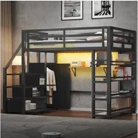 Odikalo Hochbett 140x200 mit LED Kleiderschrank und Lagerregal (Metall-Hochbett mit Ablagefächern, Schränken und Kleiderschrank, LED-Beleuchtung, Schwarz)