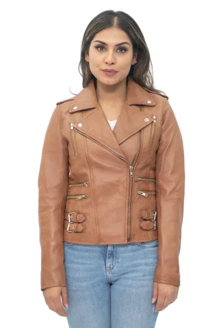 Damen Leder Vintage Brando Bikerjacke-Orlando