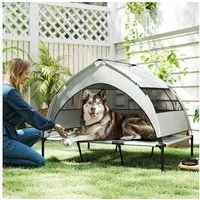 PawHut Tierbett Erhöhtes Hundebett mit Dach, Stahlrahmen, Aufbewahrungstasche, Polyester, für extra große Hunde, 122x92x94cm, Hellgrau