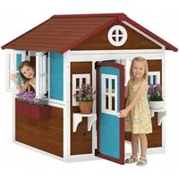 Outsunny Spielhaus Kinderspielhaus aus Holz mit Fenster, Blumenregal, Pflanzenkasten, Tür, Gartenhaus für Kinder 3-8 Jahre Dunkelbraun