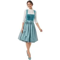 dressforfun Dirndl Petrol-Mini-Dirndl, versteckte Taschen, Samtmieder, gerader (Trachtenkleid Ronja, Konfektionsgröße 44, grün) Knopfleiste vorn, Floralrock, Petrol-Satinschürze mit breiter Schleife