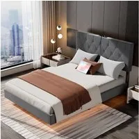 oyajia Bettgestell Doppelbett 140x200cm mit Lattenrost, Schwebebett Gestell mit LED Licht, Modernes Metallbett, Ganzmetall-Stützsystem, einfache Montage, Schwarz