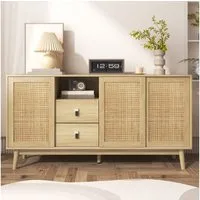 Celya Sideboard Kombikommode mit 3 Schiebetüren aus echtem Rattan und 2 Schubladen, 155x38x80 cm, atmungsaktiv, stabil und vielseitig