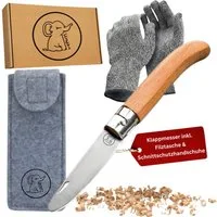 Eli Taschenmesser Schnitzmesser Kinder - Kindermesser mit Filztasche Kindertaschenmesser, (Schnitzwerkzeug - Outdoor Messer, Kinderschnitzmesser - Griff aus Buchenholz), inkl. schnittfeste Handschuhe - Beidhändig - rostfreier Stahl