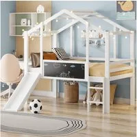 Flieks Hochbett Kinderbett Hausbett 90x200cm mit Graffiti-Tafel, Leiter und Rutsche