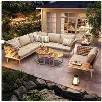 Flieks Gartenlounge-Set, 6-Sitzer L-Form Gartensofa Eckgarnitur mit 2 stapelbaren Couchtische
