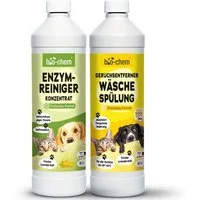 bio-chem Geruchsentferner Enzymreiniger 1 L Geruchsentferner gegen Urin, Katzen & Hundeurin (Sparpaket, Enzymreiniger Konzentrat 1 L + Geruchsentferner Wäschespülung 1 L), Probiotisch & tiefenwirksam gegen Tiergeruch