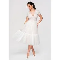 OMBRE Abendkleid Midi Kleid Ausgestellt V-Ausschnitt Cocktailkleid Weiß S (kein Set, 1-tlg) Mehrlagige Konstruktion, transparente Netzstruktur